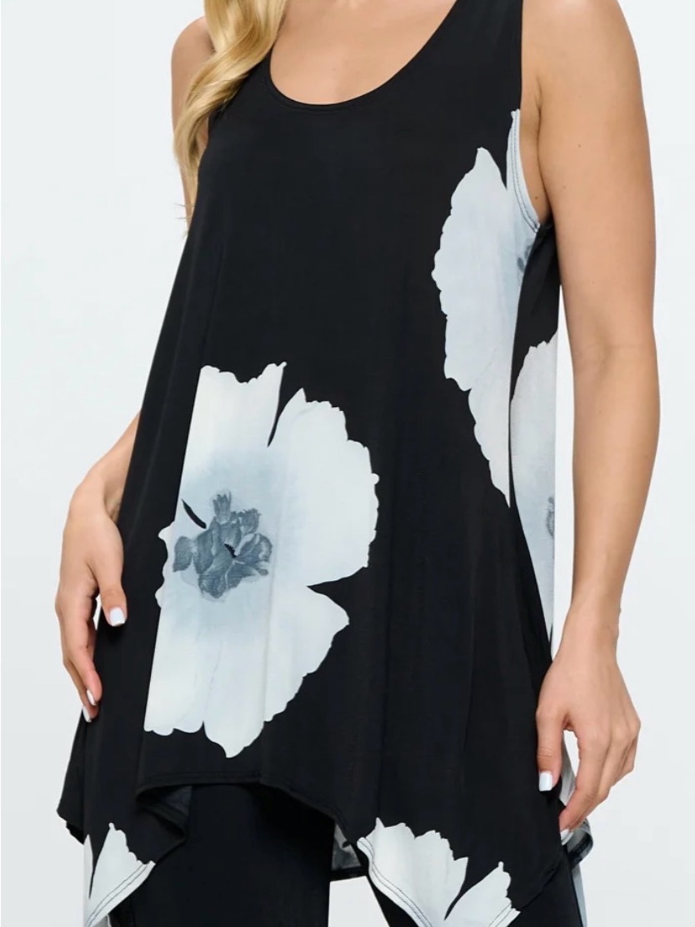 Black Floral Sleeveless shark bite tank top